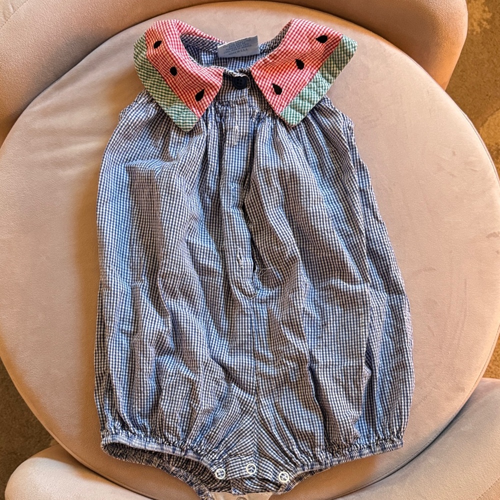 Adorable Gingham Baby Romper with Watermelon Collar